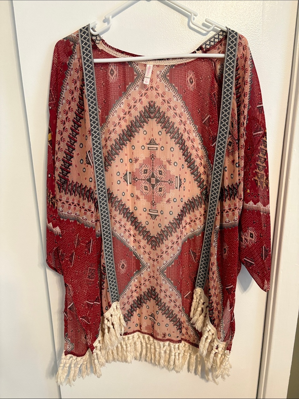 Xhilaration Red and Cream Boho Fringe Kimono Cardigan